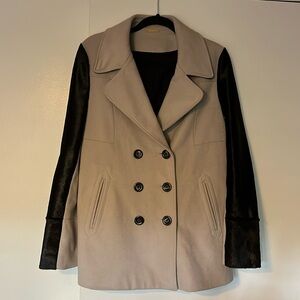 Double breasted wool and calf skin leather pea coat size large
